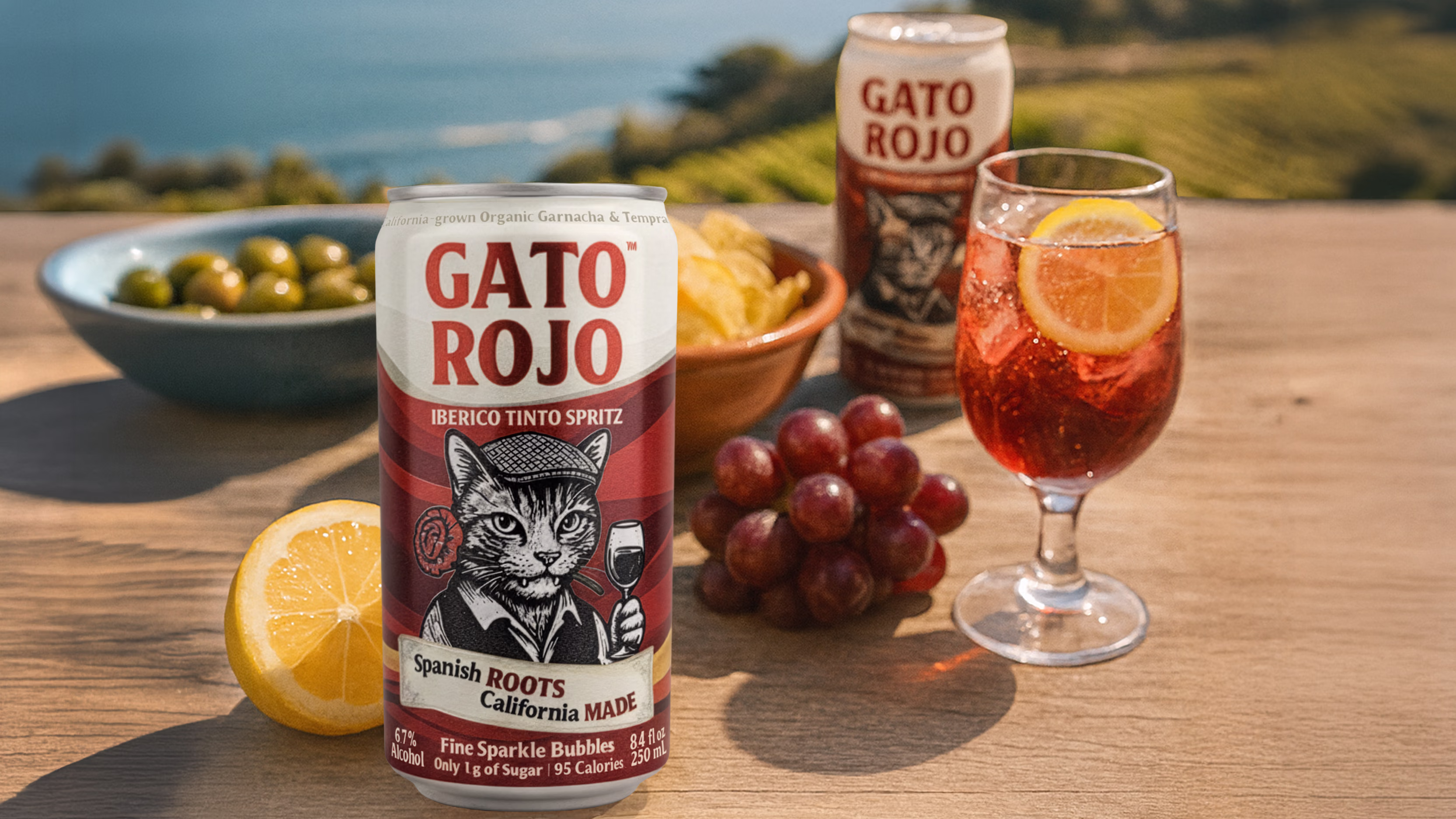 GATO ROJO served outdoors with citrus, grapes, and a glass over ice